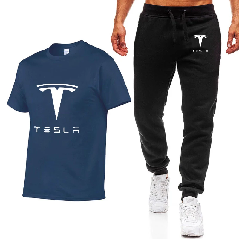 Модные летние мужские футболки Tesla Car с принтом логотипа хип-хоп, повседневная хлопковая футболка с коротким рукавом высокого качества, штаны, костюм, мужская одежда