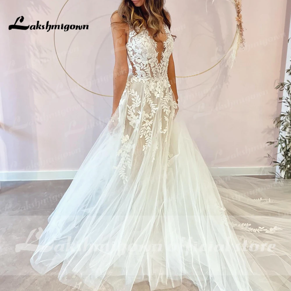 Sexy A-Line Backless Wedding Dress Vintage Lace Applique Beaded Off White Tulle Wedding Gowns Trouwjurk Long Bridal Dress Wedding Dresses
