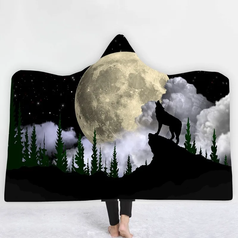 Moon Wolf/одеяло с капюшоном для мужчин, детское утепленное Двухслойное плюшевое одеяло с шапкой, мягкий фланелевый плед с изображением Льва шерпы