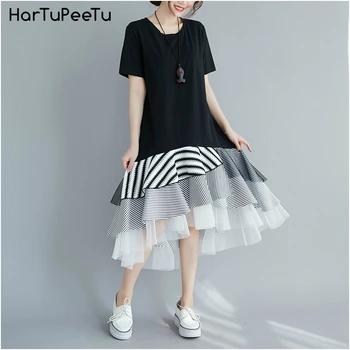 

Women T Shirt Dress Plus Size Loose Casual Midi Dresses Asymmetrical Patchwork Layered Mesh Cascading Ruffles Korean 2020 Summer