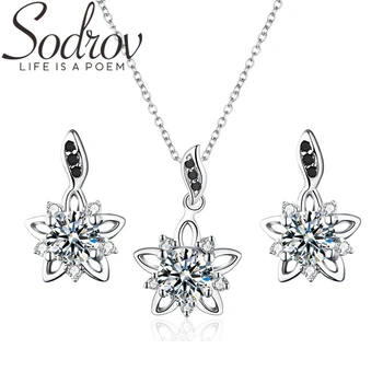 

SODROV 925 Sterling Silver Jewelry Sets Classic Black Spinel Wedding Women's Flower Necklace Pendant Earrings Set Z002
