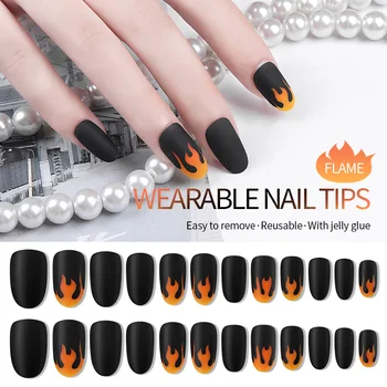 

24PCS Flame Reusable Fake Nail Decoration Tips for Long False Tip Nail Art Artificial Manicure Extension Tip with Sticker