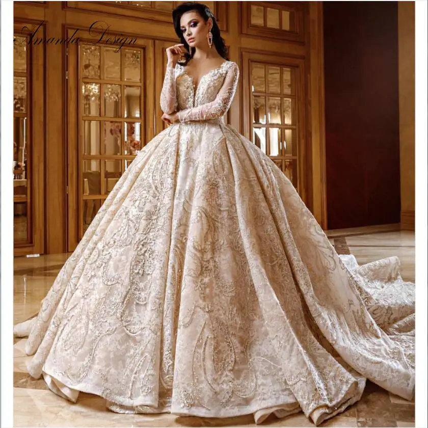 Аманда дизайн vestido de novia манга Ларга с длинным рукавом Кружева роскошные свадебное платье цвета шампань