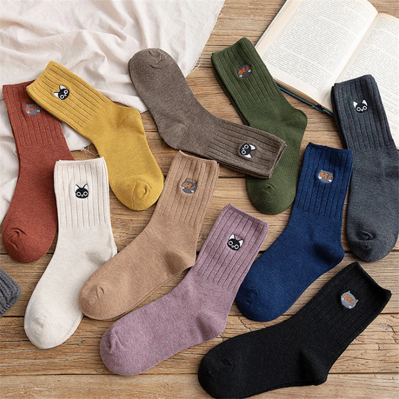 Cartoon Cat Embroidery New Cotton Short Socks Fashion Japanese Solid Color Concise Women Sock Spring Autumn Winter Cute Socks