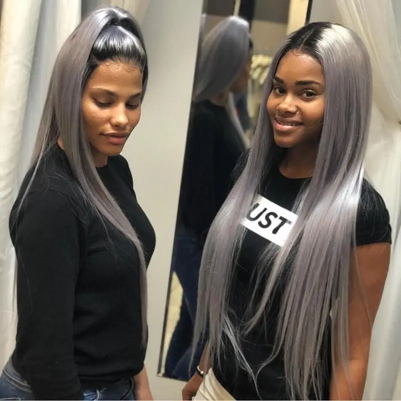 brazilian human hair extension straight bundles with frontal ombre colored T1B Grey weave 30 inch for black women 3 bundles remy
