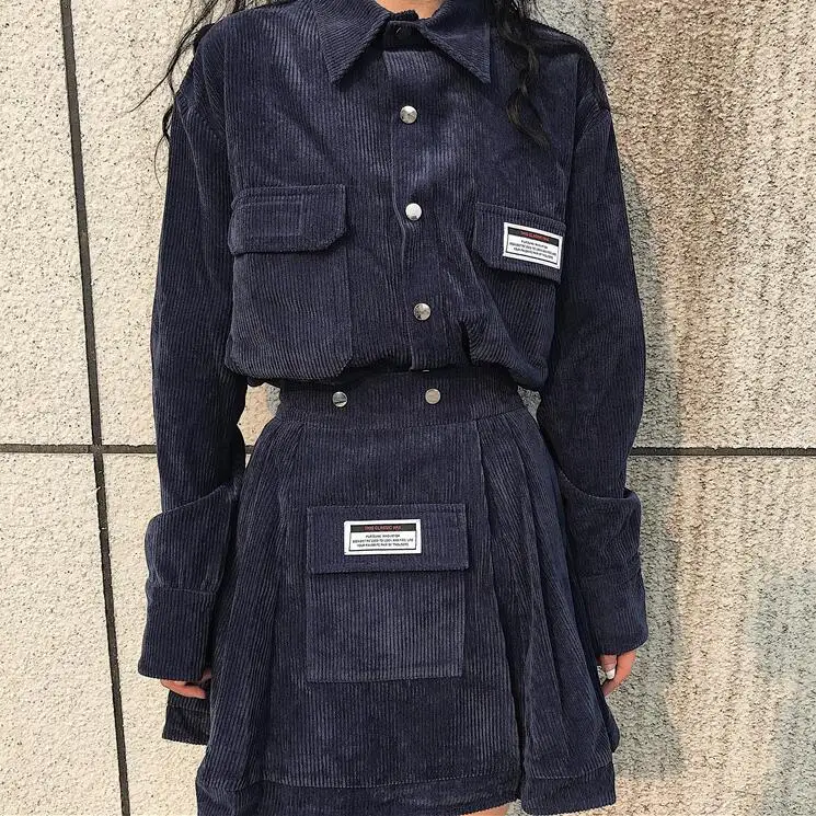 Dark blue skirt Новая женская Свободная сплошной цветной лацкан с длинными рукавами Вельветовая рубашка - Цвет: Dark blue skirt