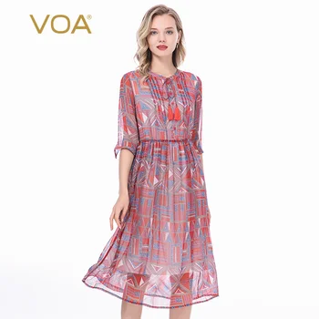 

VOA Lightweight Printed Silk Half-Sleeve Shirt Neckline Drawstring Trim Elastic Waist Two-Layer Elegant Dress AJ8