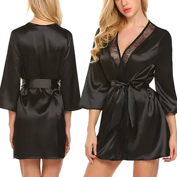 

Sexy Women Lingerie Kimono Robe Sleeved Sleepwear Dress Satin Silk Lace Trim Nightgown Oblique V-Neck Honeymoon Intimates Pijama