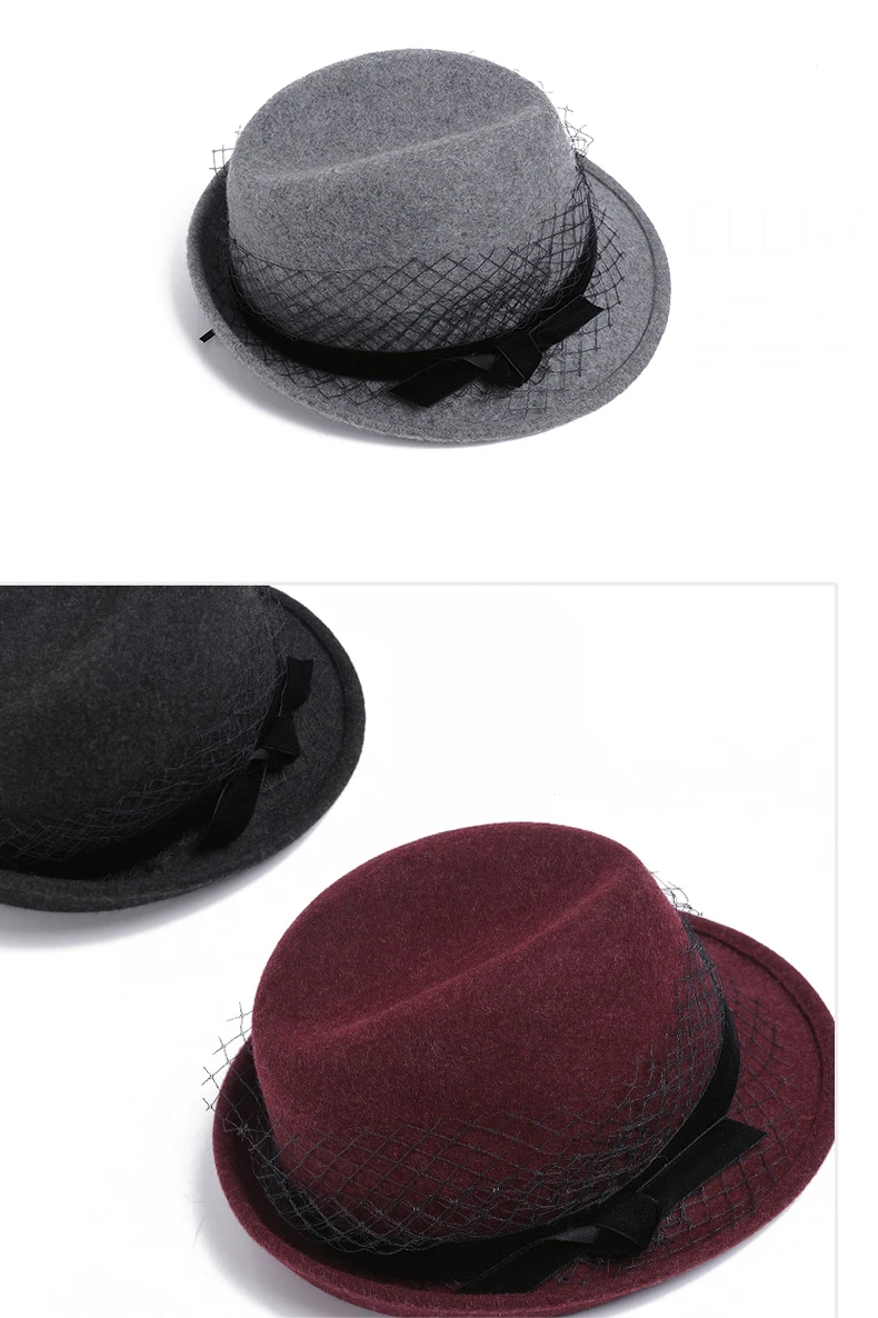 FS модная женская шляпа Fedora с вуалью винно-красная шерсть фетровая джазовая шляпа на зиму осень элегантные неровные поля черные церковные Свадебные шляпы