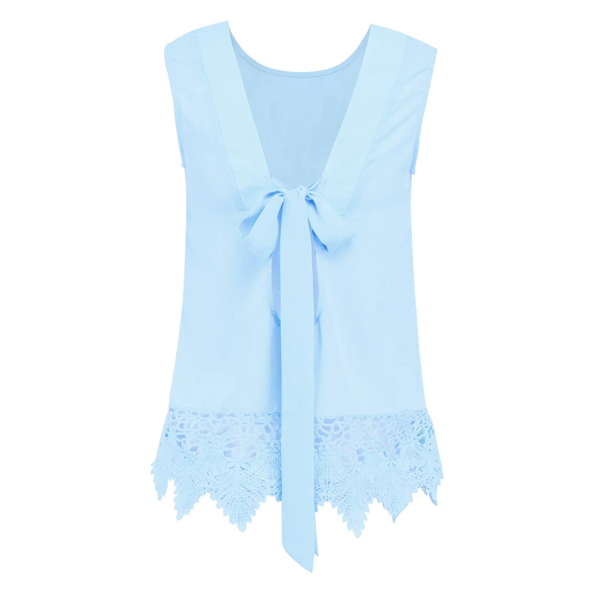 Синий Tide Vogue Pop Tide модный красивый летний женский полый резервуар, кружевные лоскутные кружевные топы без рукавов с галстуком-бабочкой и открытой спиной - Цвет: Синий