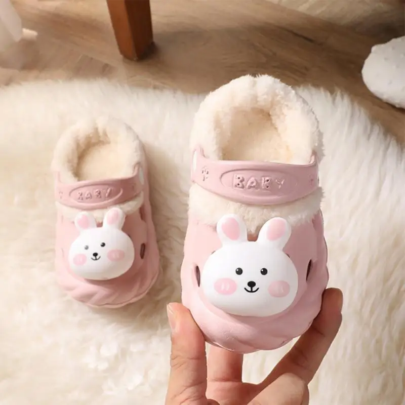 Cute Toddler Baby Plush Slippers Soft Bunny Winter Warm House Bedroom Solid Color Fuzzy Shoes Indoor Anti-Slip First Walkers