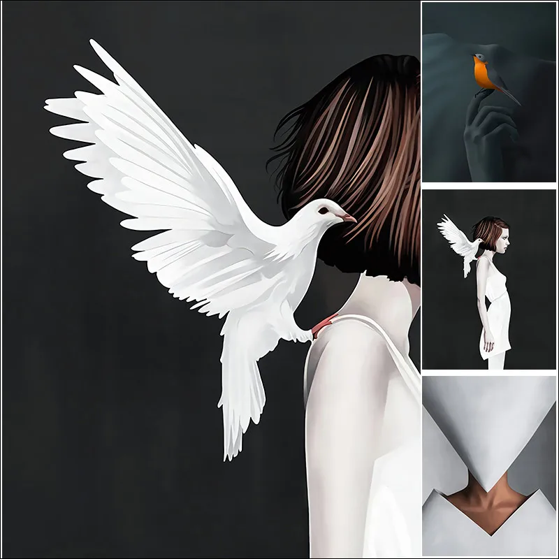 

Post Modern Figure Painting, Beautiful Women and Bird Canvas Painting, Simple Black Art Poster, Club Gift, Printing Mural