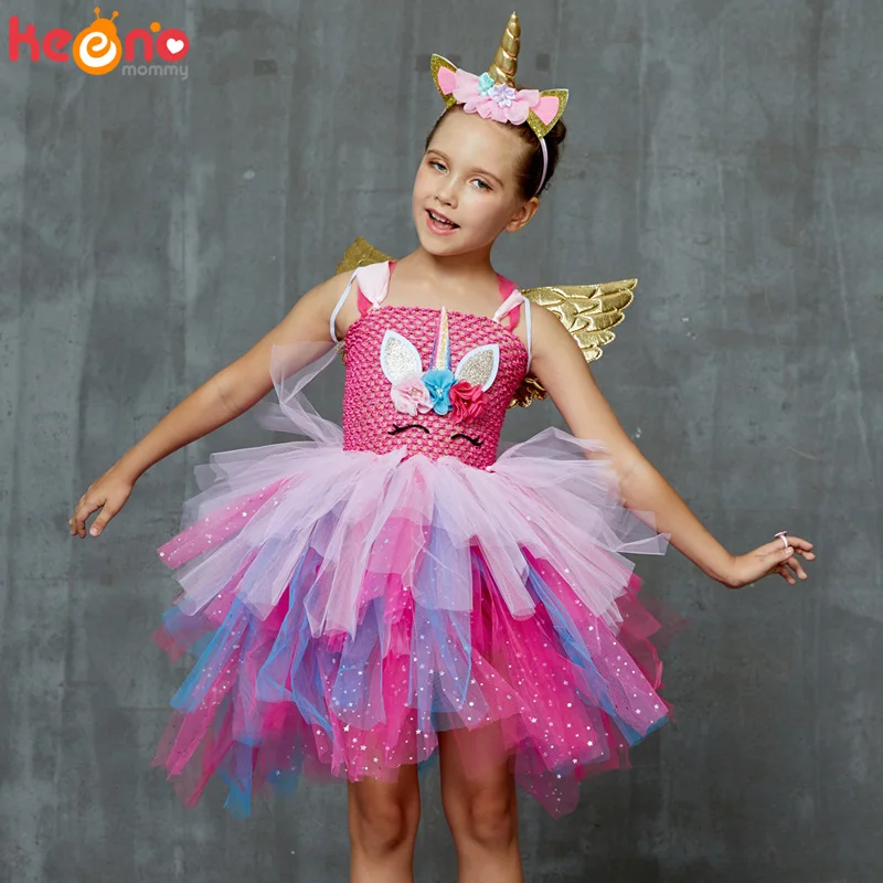 MetCuento Girls Unicorn Costume Princess Pageant Party Dresses Sequin Fancy Dress up Cosplay Tutu Dress with Headband