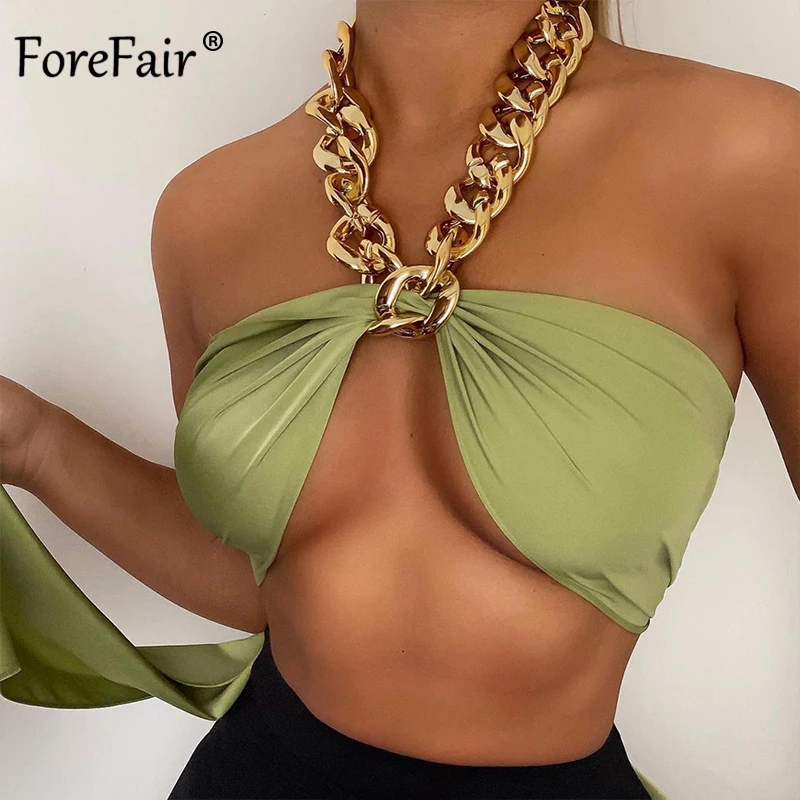 sexy camisole Forefair Chic Metal Chain Halter Sexy Corset Tops Women Sleeveless Backless Wrap Chest Green Crop Top Basic Summer 2022 Fashion white bra