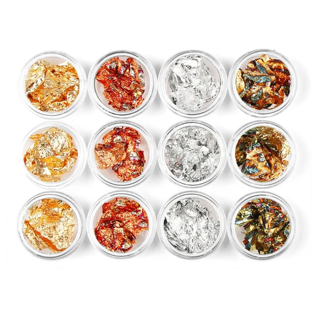 12 PCS Gold Silver Bronze Nail Art Foil Irregular Aluminum Nail Sticker For Nails Manicure 3D Glitter Gel Polish Nail Decor 4 colors