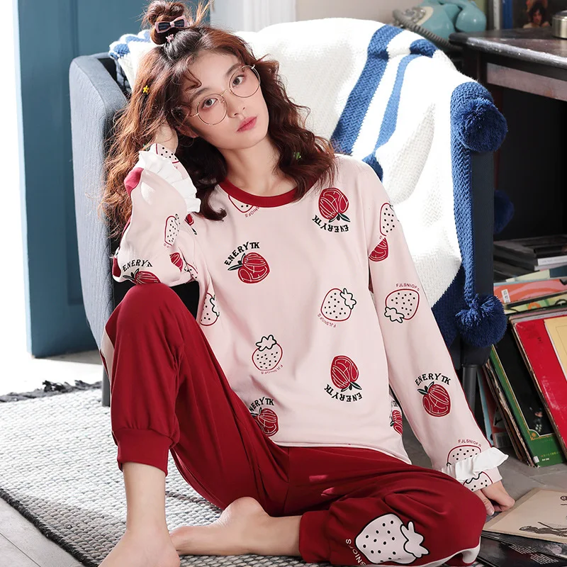 Pajamas Women's Spring And Autumn 6535 Knitted Cotton Long Sleeve Trousers Crew Neck Women's Japanese Korean Nursing Home Wear T