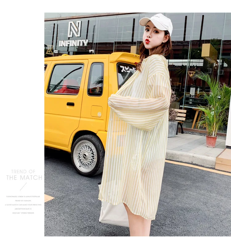 Spring And Summer New Style Korean-style Loose-Fit BF Mid-length Striped Shirt Hooded Sunscreen Coat Thin Coat
