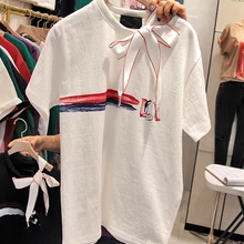 Футболка женская новая белая футболка с воротником-бабочкой и принтом больших размеров, модные футболки из хлопка с круглым вырезом, топы с буквенным принтом, свободная уличная одежда