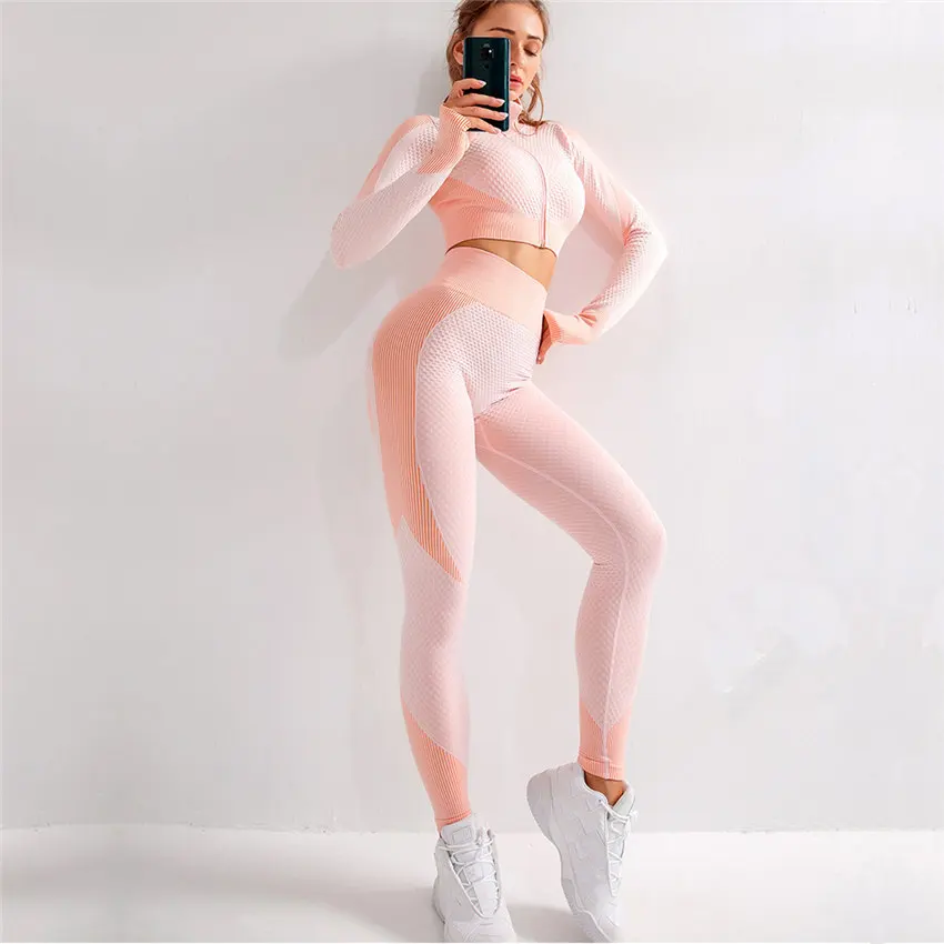 2 Piece Set Women Long Sleeve Crop Top High Waisted Compression Leggings New Activewear Zip Seamless Sports Wear For Gym | Спорт и