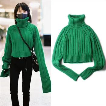 

green twist thick thread high neck sweater women's short winter small Slouchy sweater pullover