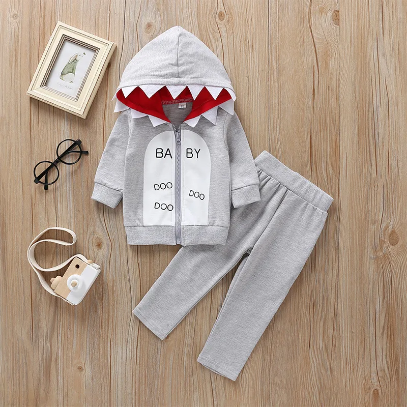 

Autumn Childrenswear Infant Hoodie Suit Shark Modeling Long Sleeve Zipper Hoodle Trousers Two-Piece Set