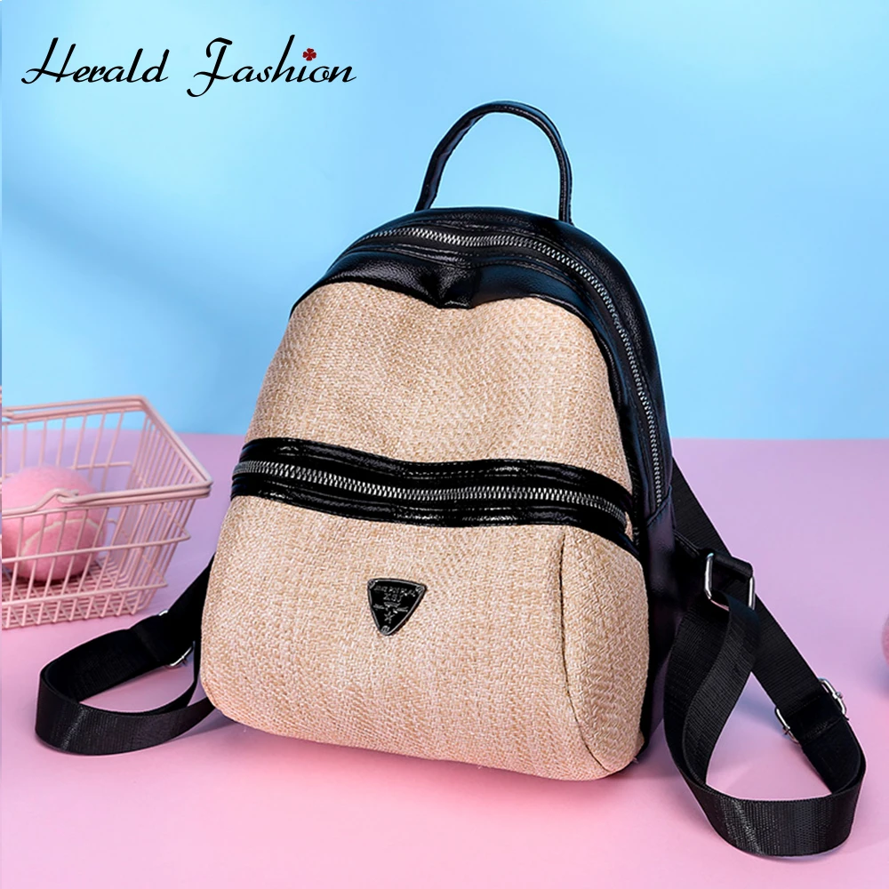

Herald Fashion Women Patchwork Backpack Straw&Pu Leather Zipper Bags Female school Bag For Girls Design Ladies Travel Backpack