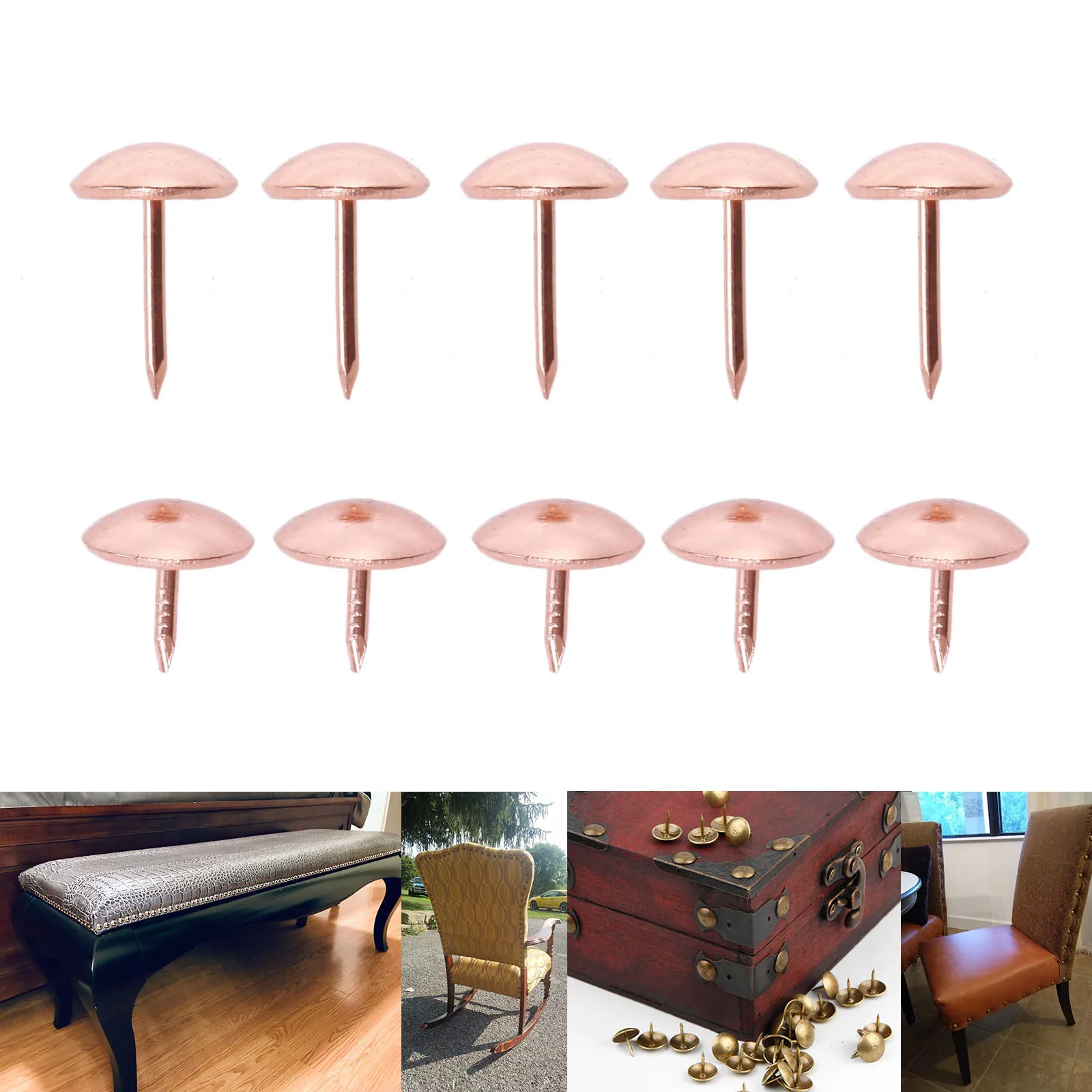 20pcs Rose Gold Upholstery Round Head Nails 11mm/17mm Metal Pushpin Vintage Tacks Antique Stud Jewelry Case Wine box Sofa Decor