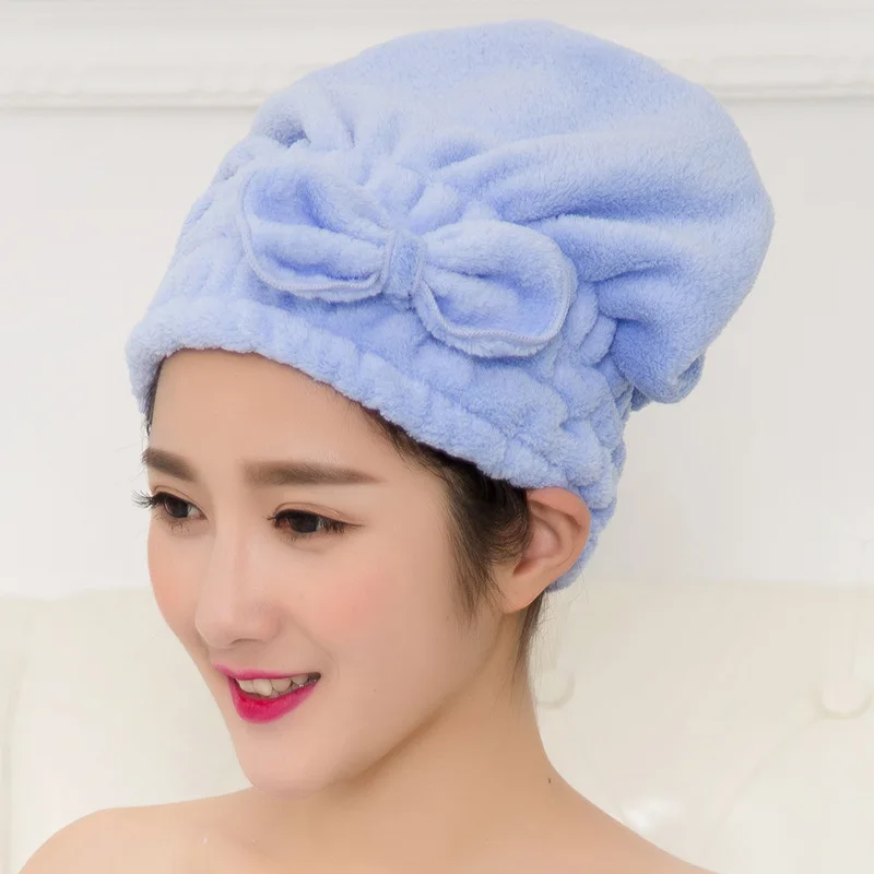 Light Blue Коралловый флис фен для волос полотенце колпачок супер абсорбент утолщение лук шапочка для душа - Цвет: Light Blue