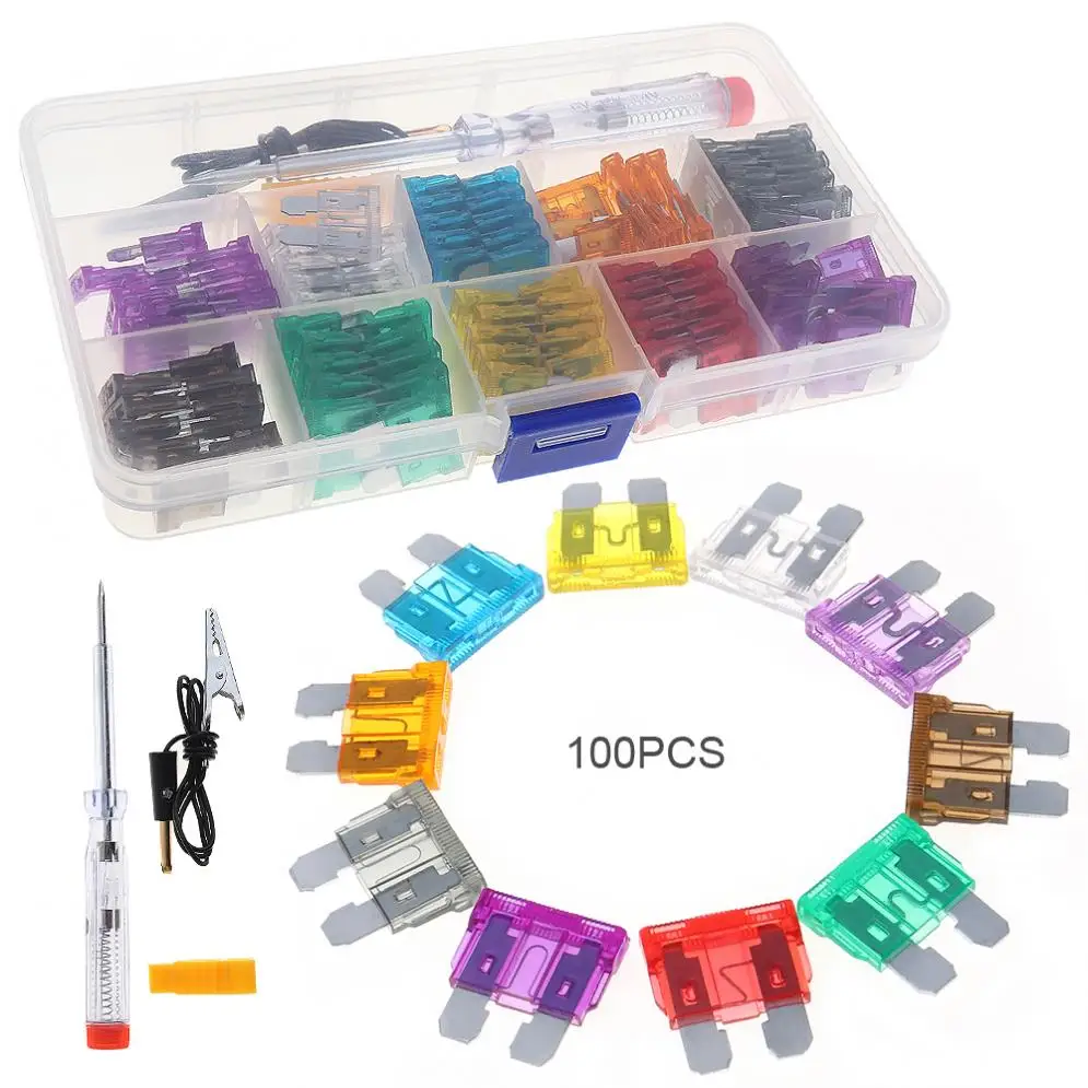 

100pcs Auto Automotive Car Fuse Plugs Blade Fuse Box Tools Assortment with Test Pencil and Fuse Clip for Cars New