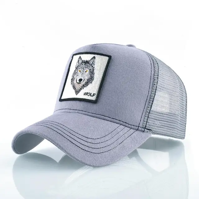 Fashion Animals Embroidery Baseball Caps Men Women Snapback Hip Hop Hat Summer Breathable Mesh Sun Gorras Unisex Streetwear Bone Gray Wolf