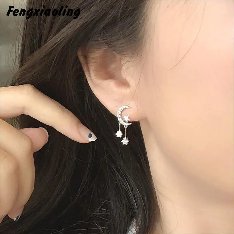 

Fengxiaoling New Arrivals Real 925 Sterling Silver Multiple Zircons Moon Drop Earrings Jewelry Earrings For Women Fine Jewelry