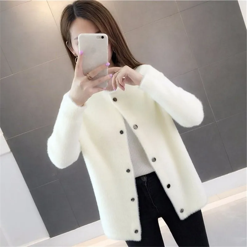 New Women Loose Velvet Long-sleeved Cardigan Mink Fur Autumn and Winter Sweater Coat