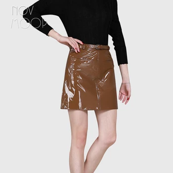 

Novmoop Korean style women summer brown black pink high waist glossy patent sheepskin genuine leather A-line mini skirt LT3168
