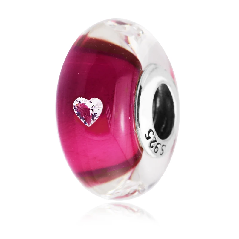 

QANDOCCI New Murano Glass Beads Fit for Original Bracelets 925 Sterling Silver Jewelry Charms,Cerise Heart Glass CZ
