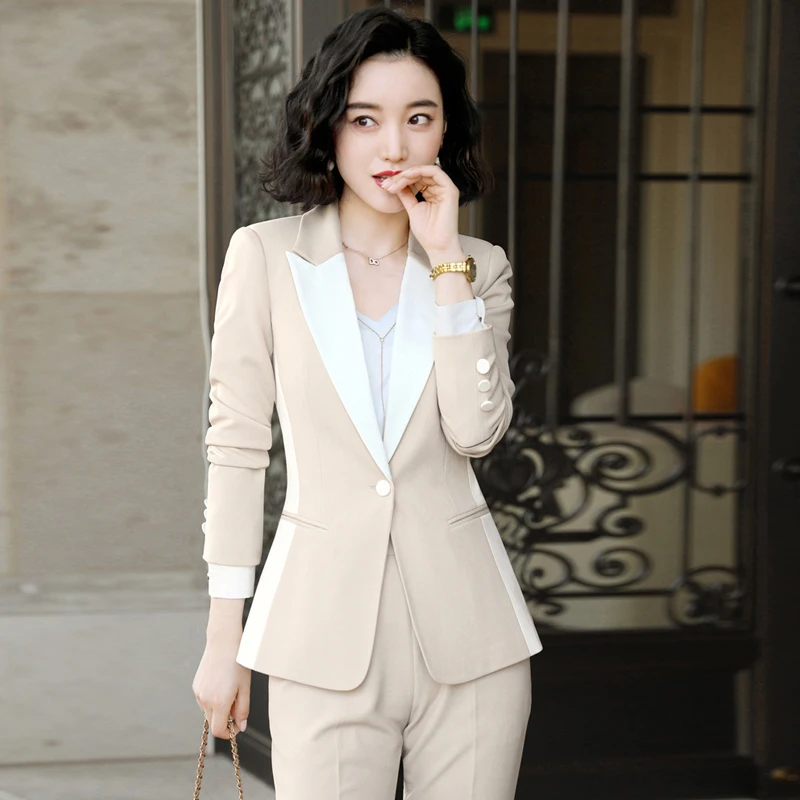 

High quality business temperament women's suit Slim trouser suit Single button apricot blazer Female office suit two-piece 2019