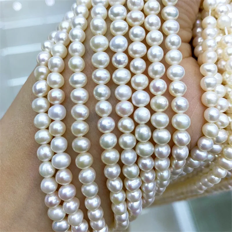 3-8mm 흰 감자 둥근 진주 담수 천연 진주 가닥 DIY 목걸이 팔찌 귀걸이 보석 만들기 16 가닥