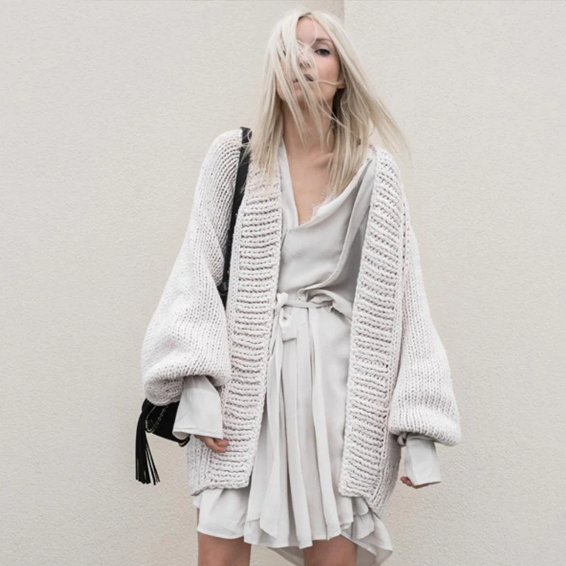 

High Quality Woman Knitted Sweater Lantern Long Sleeve Cardigans Irregular Autumn Coats