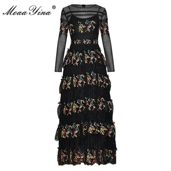

MoaaYina Fashion Designer dress Summer Women's Dress Long Sleeve Mesh Cascading Ruffle Embroidery Black Vintage Dresses