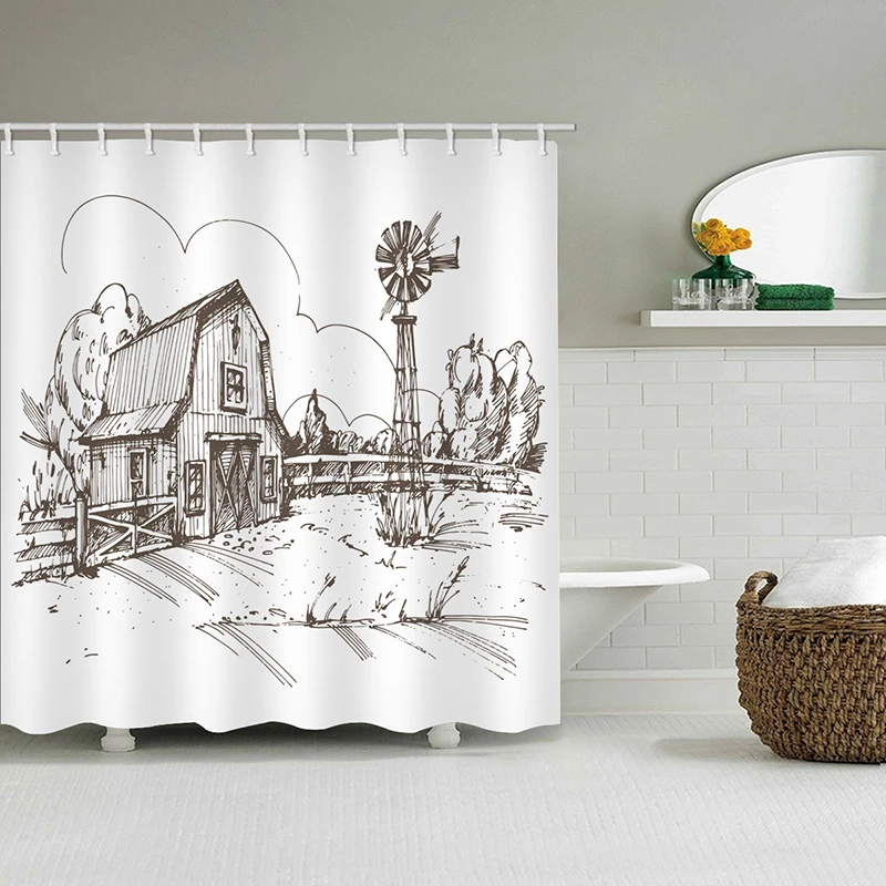 Занавеска для душа, рисунок карандаша, американская ферма, уголок в деревенском стиле, ткань для ванной комнаты