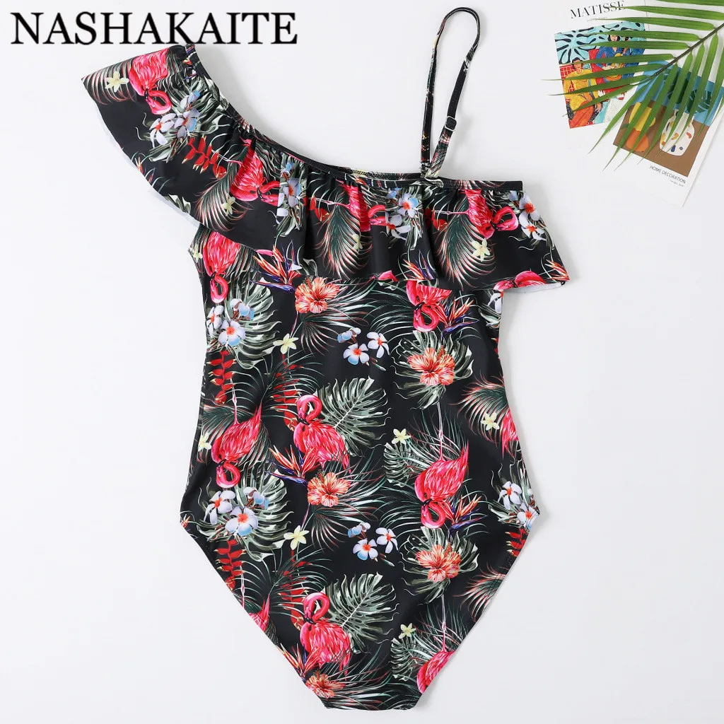 NASHAKAITE купальный костюм для мамы и дочки; Новинка; пляжная одежда на одно плечо с принтом Фламинго; семейный Купальник; купальник для мамы и дочки