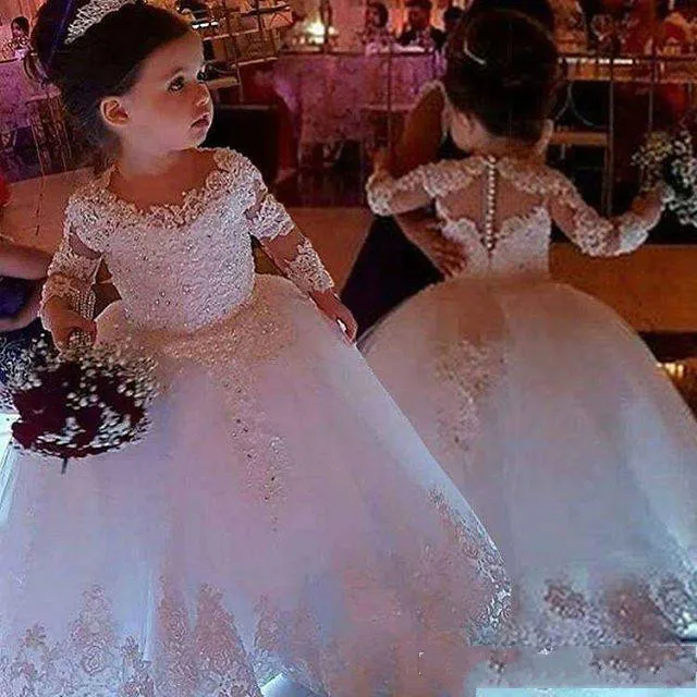 Белое платье принцессы с цветочным узором для девочек; кружевное детское платье с аппликацией; коллекция года; платья для первого причастия с длинными рукавами; robe de soiree