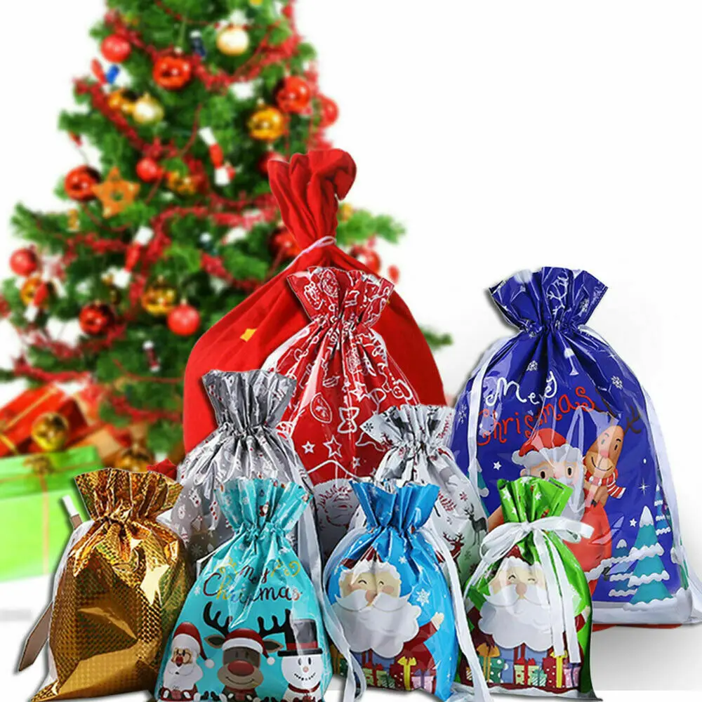 Christmas Gift Bags Reusable Drawstring Wrap Sacks Present Candy Storage Pouch 
