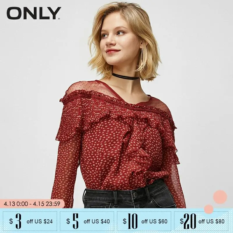 

ONLY Women's V-neckline Lace Splice Ruffled Flared Sleeves Chiffon Shirt | 119358518