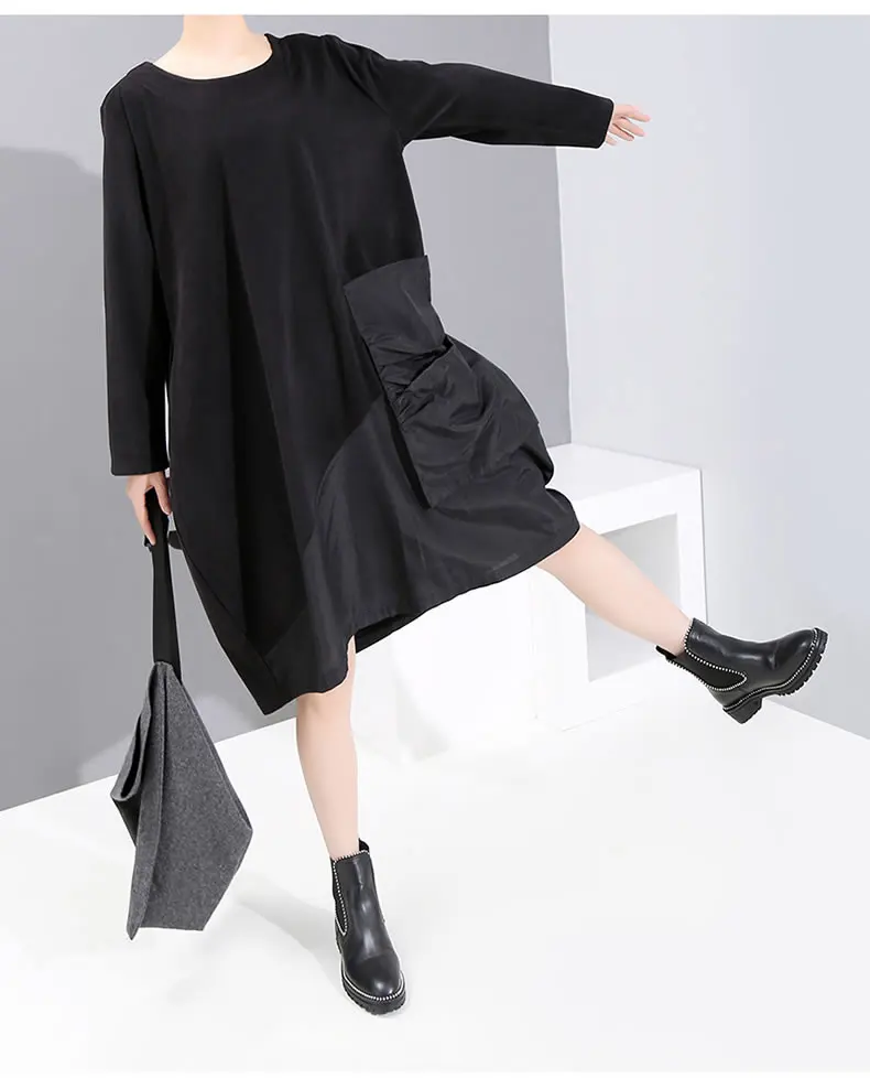 XITAO лоскутное плиссированное платье с большим карманом свободного покроя размера плюс женская одежда модное индивидуальное платье с круглым вырезом Новинка DMY1282