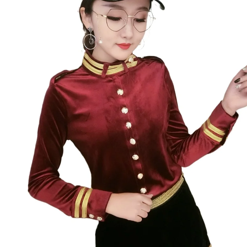 Женские велюровые рубашки с длинным рукавом и воротником-стойкой в английском
