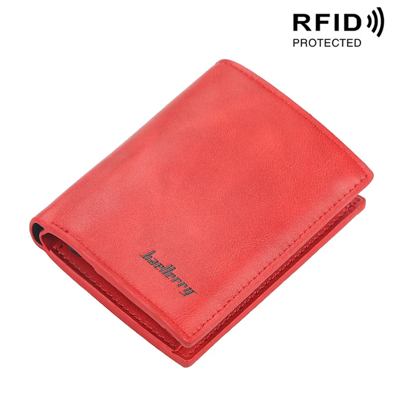 Короткий Rfid держатель для карт, мужские кошельки, сумка для денег, Мужской винтажный черный короткий кошелек, маленькие кожаные тонкие кошельки, маленькие кошельки, тонкие - Цвет: Красный