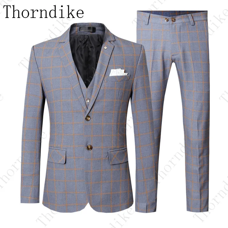 gray Thorndike синий 3 штуки мужской костюм приталенный клетчатый мужской костюм свадебный костюм жениха Высокое качество Мужские официальные костюмы с брюками - Цвет: gray