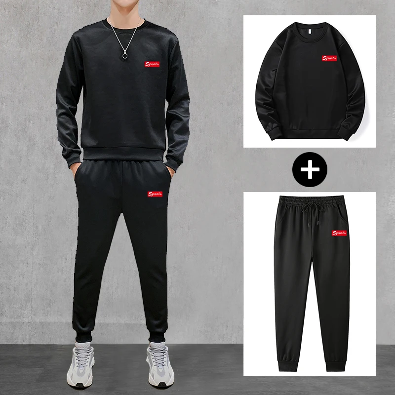 

Mens 2 Piece Pullover Sweatshirt Suits Breathable Long Sleeve T shirt Gym Joggers Drawstring Trousers Crewneck Sports Sets