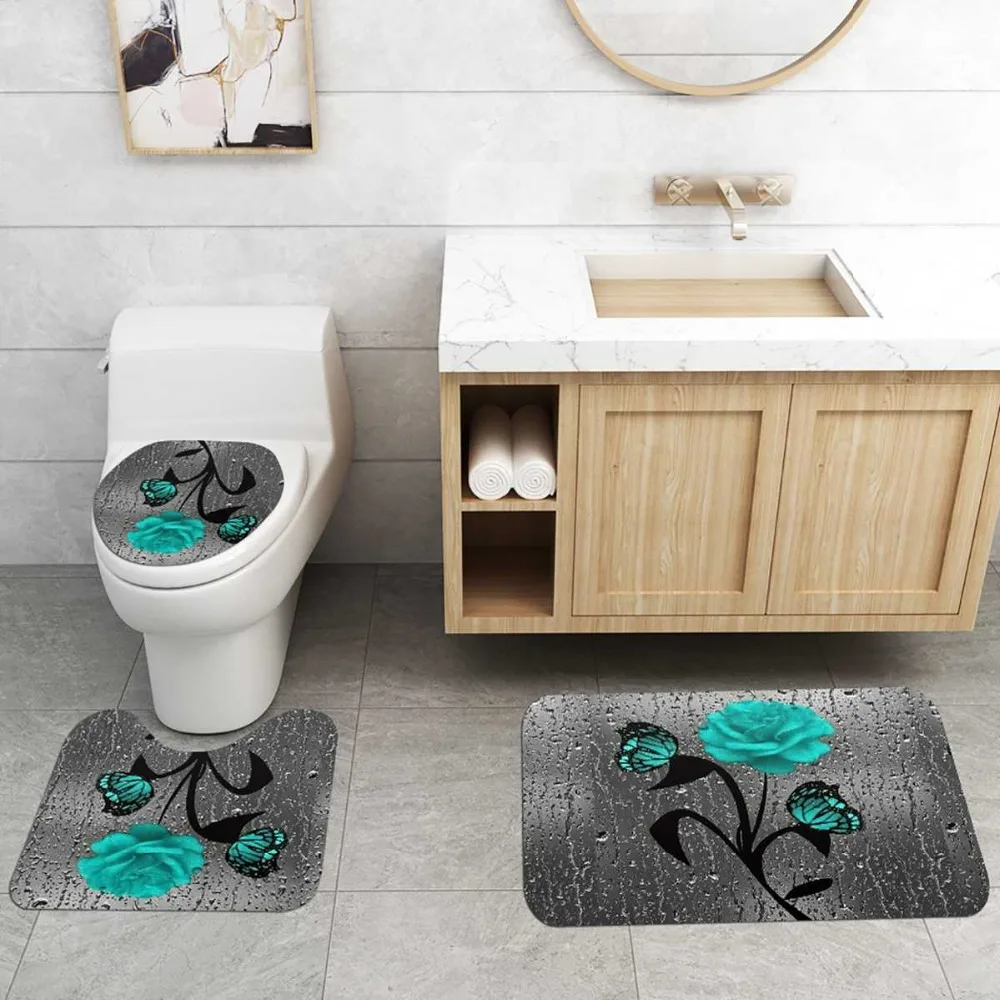 Green-Butterfly-Rose-Pattern-Waterproof-Print-Shower-Curtain-4-Piece-Carpet-Cover-Toilet-Cover-Bath-Mat123213