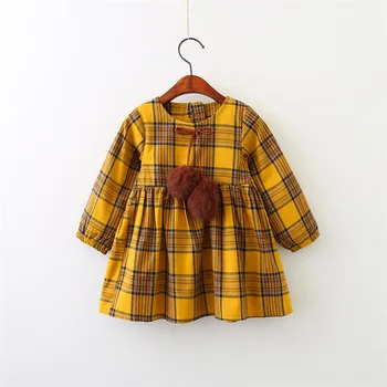 

Girls Dress 2020 New Autumn Brand Girls Clothes England Style Plaid Fur Ball Bow Design Baby Yellow Girls Dress